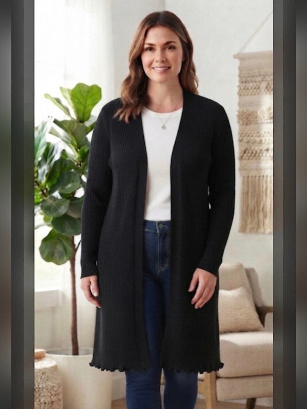 Time and Tru Black Ribbed Open Front Cardigan Long Sleeve Sweater Women XL 16 18